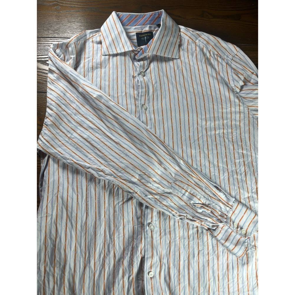 Johnny Fly Stripped White Orange Blue Long Sleeve Dress Shirt Sz XL 100% Cotton
